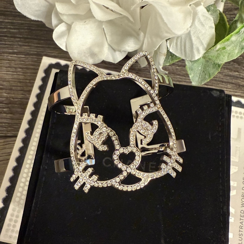 CHANEL Silver Crystal CC Logo Cat Cuff Bracelet